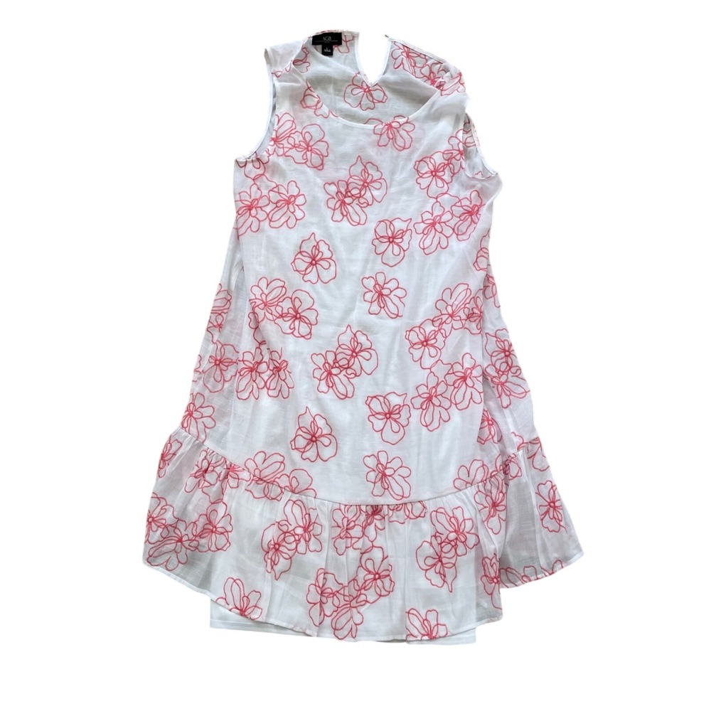 AGB Dress Womens Large White Pink Floral Embroidered Ruffle Hem Sleeveless Shift